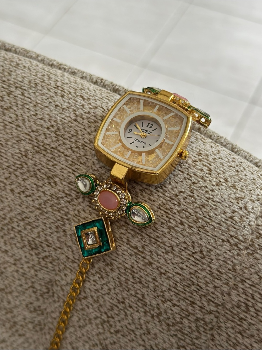 Gold-Tone Women’s Bracelet Watch with Green and Pink Enamel Accents